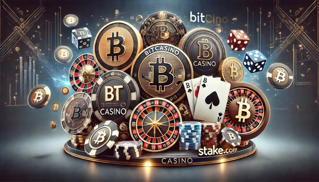 Hình ảnh các sòng bạc tiền điện tử trực tuyến gồm Bitcasino, Bitcasino.io, mBit Casino, Stake.com, và Cloudbet, với chip poker, bài, và Bitcoin.